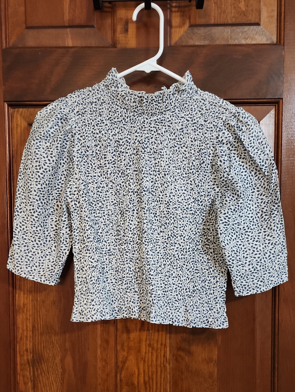 Womens Smocked High-Neck Women's Top in White & Green (Size XS)